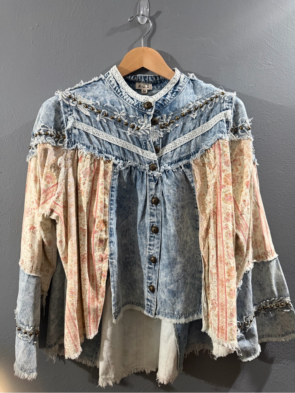 POL Distressed Blue Denim Button-Front Top with Cream Floral Panels